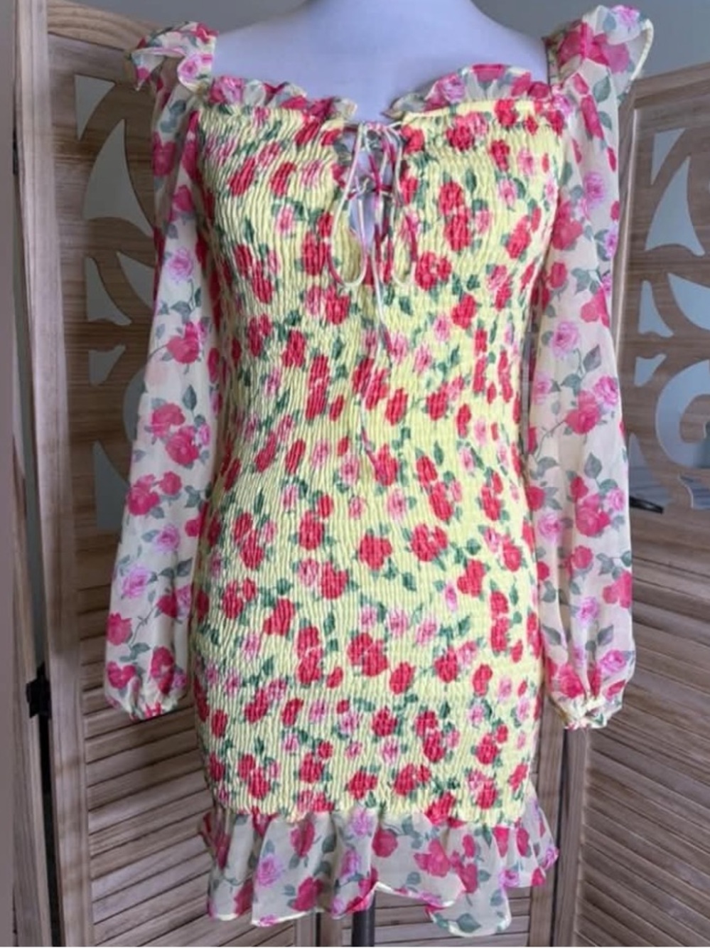Lilly’s kloset large Floral Smocked Mini Dress in Yellow and Pink long sleeve